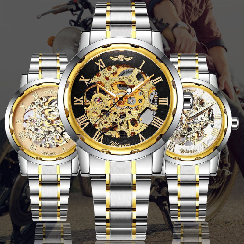 Two-tone stainless steel mechanical wristwatch with gold accents, black skeleton dial and Roman numerals