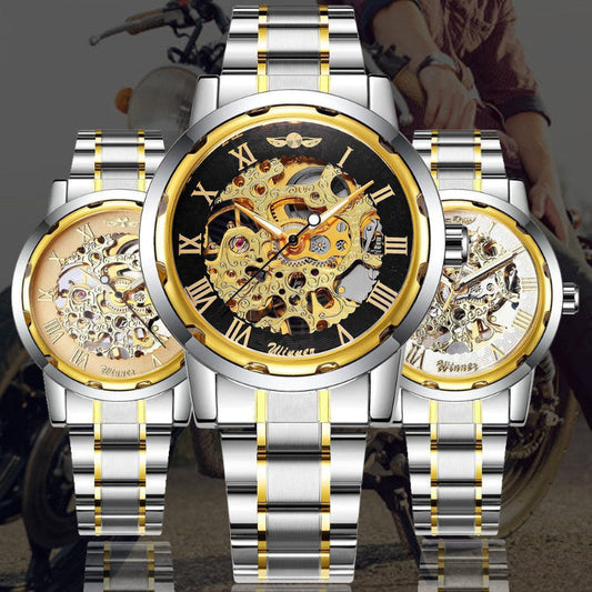 Two-tone stainless steel mechanical wristwatch with gold accents, black skeleton dial and Roman numerals