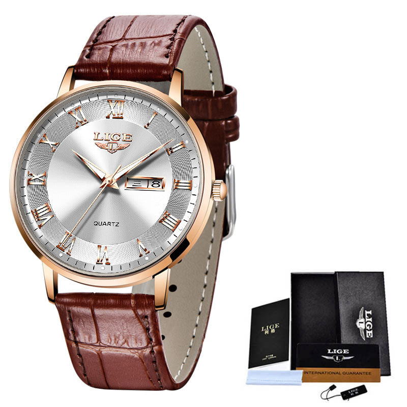 Men's quartz watch with brown leather strap and silver dial, day-date window
