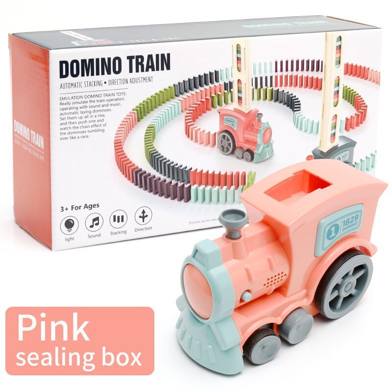 Pink toy train set with colorful tracks and packaging on a white background