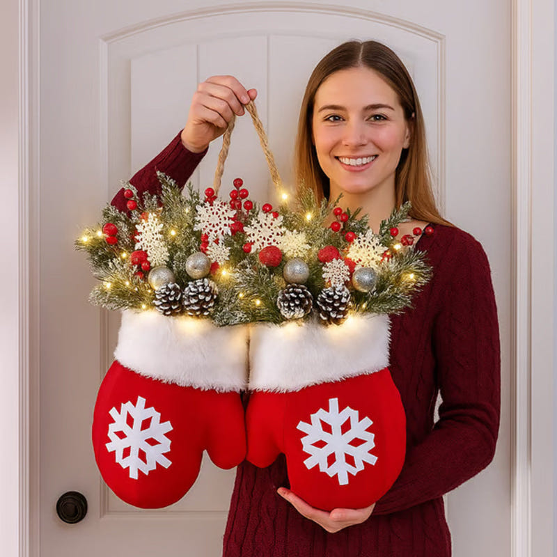 Pair of red Christmas glove ornaments with white fur trim and snowflake cutouts