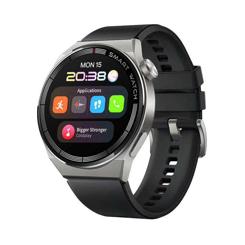 Smartwatch with black silicone strap and silver case, round display with app icons