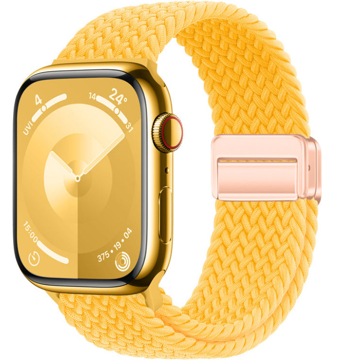 Smartwatch with a yellow woven band on a white background