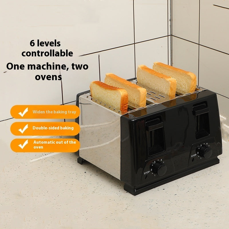 Toaster with four slices of bread on a kitchen counter, featuring text and icons about its features.