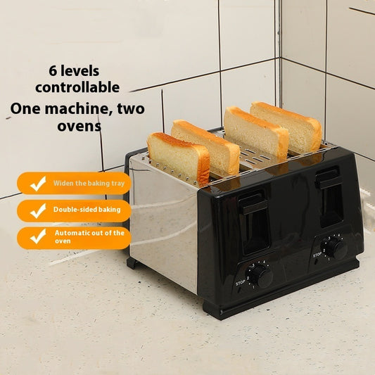 Toaster with four slices of bread on a kitchen counter, featuring text and icons about its features.