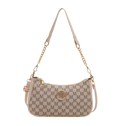 Women’s light tan monogram shoulder pouch bag with gold chain strap