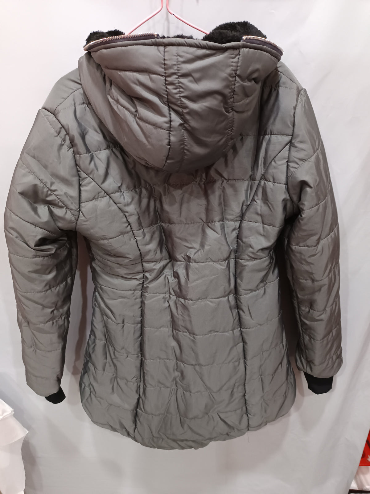 Gray hooded quilted long-sleeve jacket with zip front; rear view with hood.