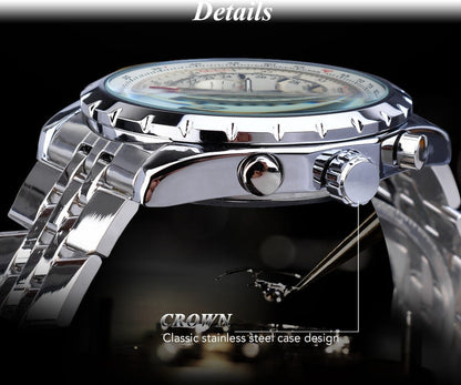Stainless steel case with knurled crown and side pushers, steel bracelet links