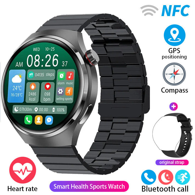 Black smartwatch with round screen and black metal link band
