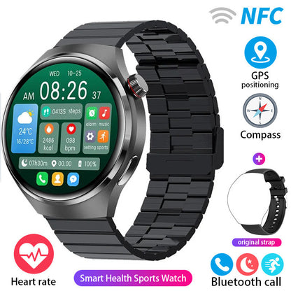 Black smartwatch with round screen and black metal link band