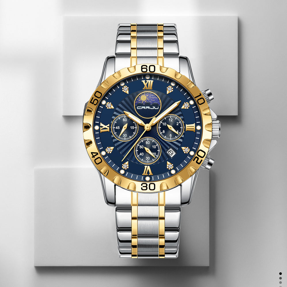 Luxury watch with gold and silver band on a gray background