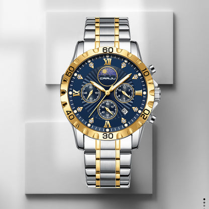 Luxury watch with gold and silver band on a gray background
