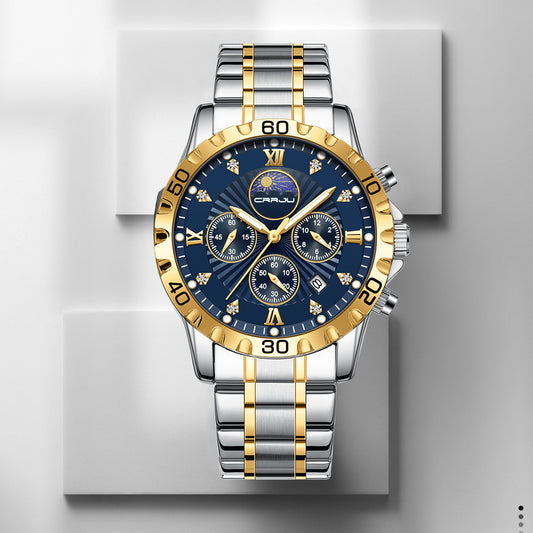 Luxury watch with gold and silver band on a gray background