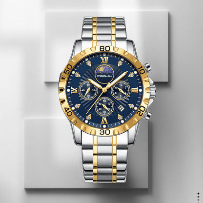 Two-tone quartz business watch with blue dial and gold calendar window; metal bracelet