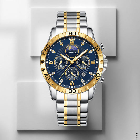 Two-tone quartz business watch with blue dial and gold calendar window; metal bracelet