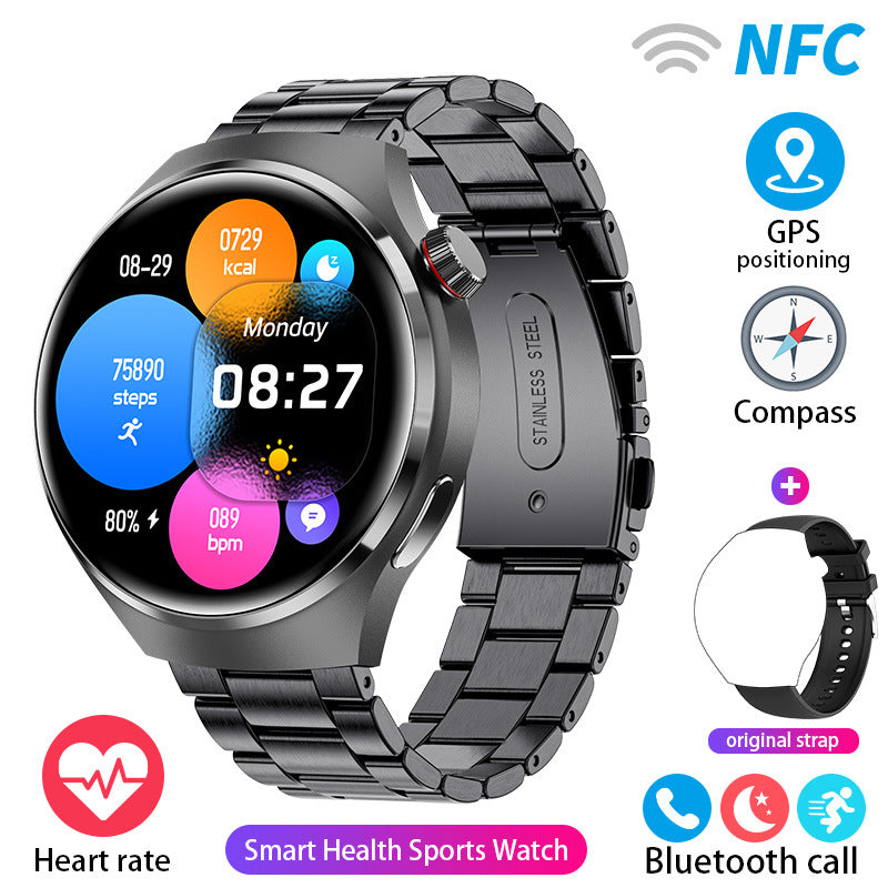 Round smartwatch with silver metal link band and heart-rate metrics on display