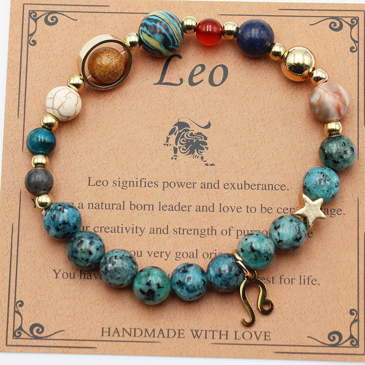 Hemp bracelet with turquoise blue stones and mixed beads, finished with gold-tone heart charm