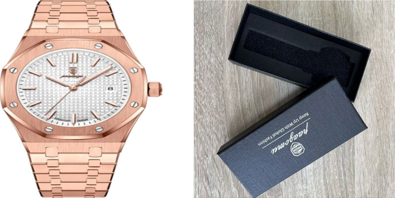 Rose gold quartz wristwatch with white dial and metal link bracelet, date window at 3.
