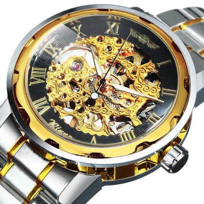 Stainless steel mechanical wristwatch with black dial, gold visible gears and Roman numeral markers