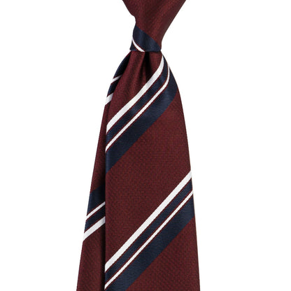 Striped tie with red, blue, and white colors on a white background