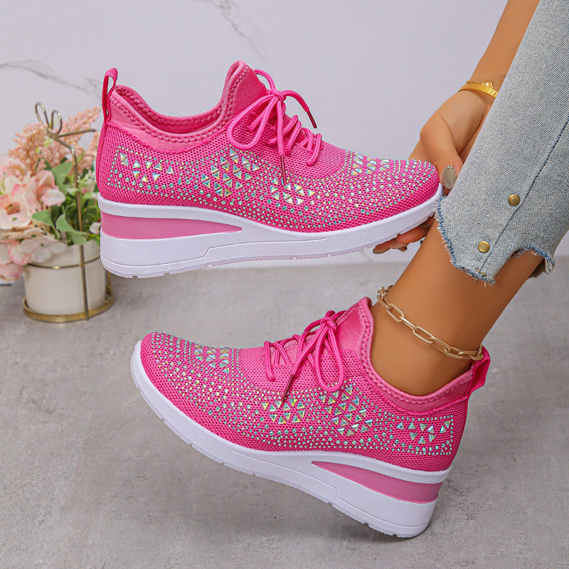 Breathable wedge sneakers, bright pink knit mesh lace-up with patterned upper and white sole