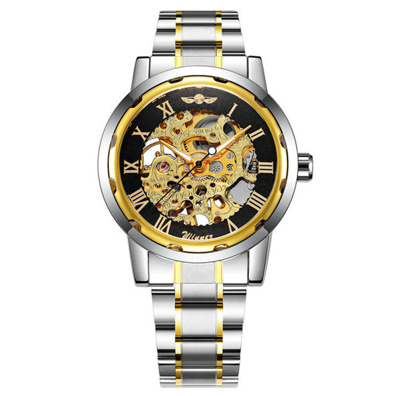 Luxury silver and gold watch with a black face on a white background