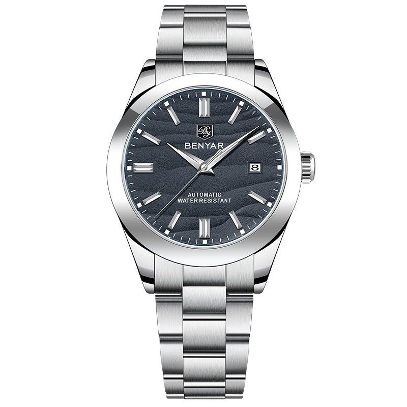 Silver watch with blue dial on a white background