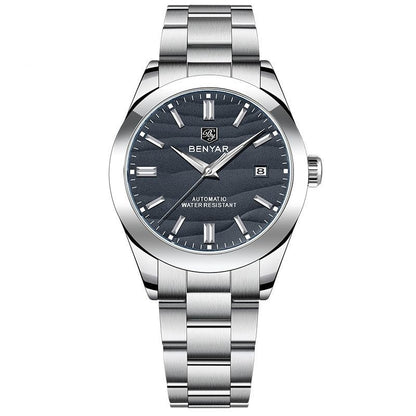 Silver watch with blue dial on a white background