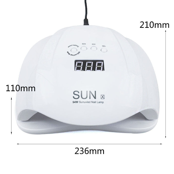 White nail lamp with dimensions labeled on a white background