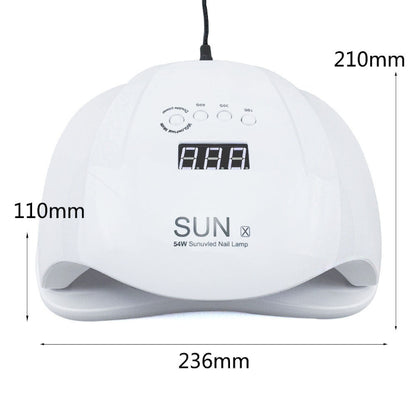 White nail lamp with dimensions labeled on a white background