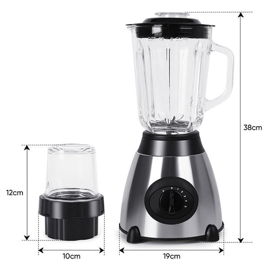Blender with clear container and black base, shown with measurements on a white background