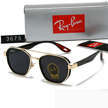 Ray-Ban sunglasses with gold frame and black lenses, accompanied by the Ray-Ban box.