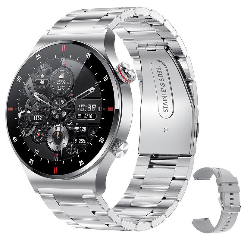 Bluetooth calling smartwatch with stainless steel bracelet and black round display, skeleton style