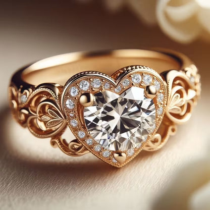 Rose gold ring with a heart-shaped diamond on a soft background
