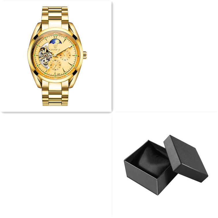 Gold mechanical tourbillon watch with champagne dial and gold metal link bracelet