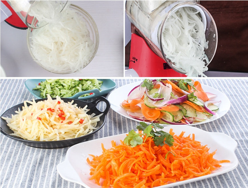 Process of making shredded vegetables with a collage of images showing preparation and final dishes.