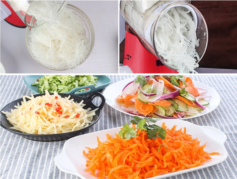 Manual rotary slicer output: julienned vegetables and shredded cheese in bowls