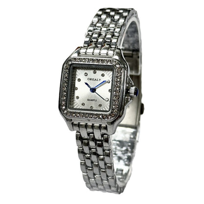 Silver watch with a square face on a white background