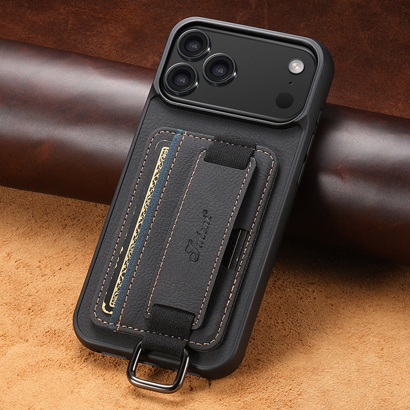 Dark gray/black iPhone case with front card slot and strap holder, metal ring buckle