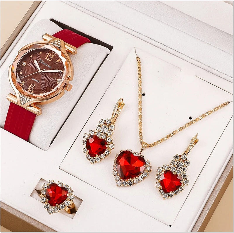 Ladies quartz watch set with red strap, necklace, heart earrings, and ring with red stones