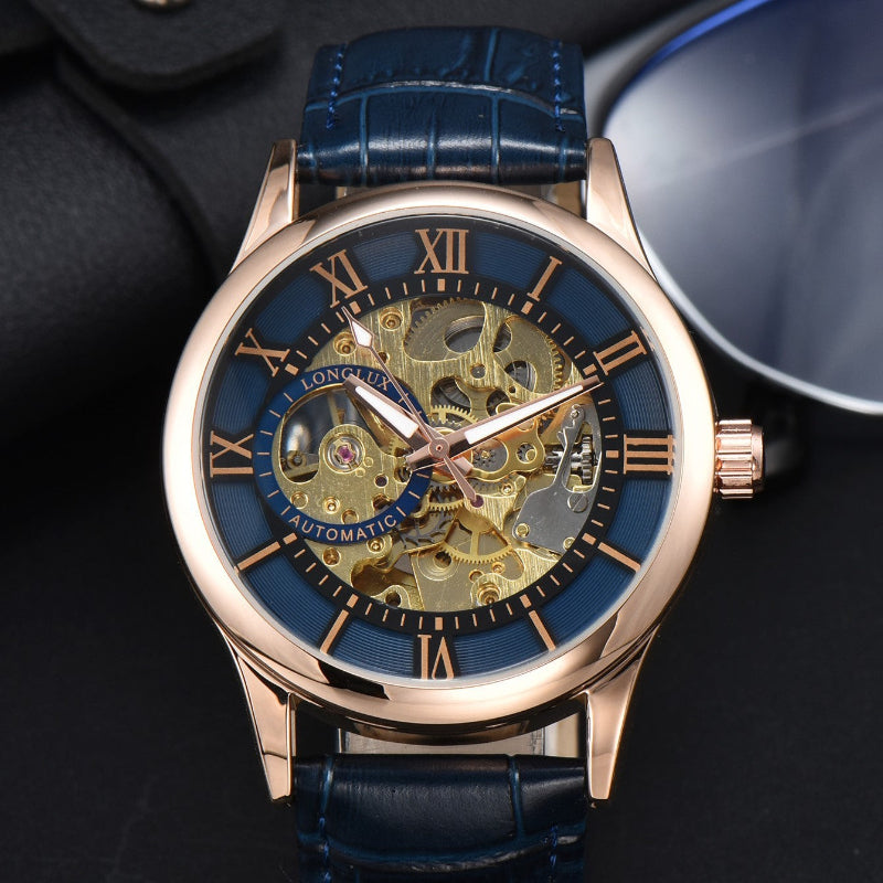 Luxury watch with blue strap and visible mechanical components on a dark background