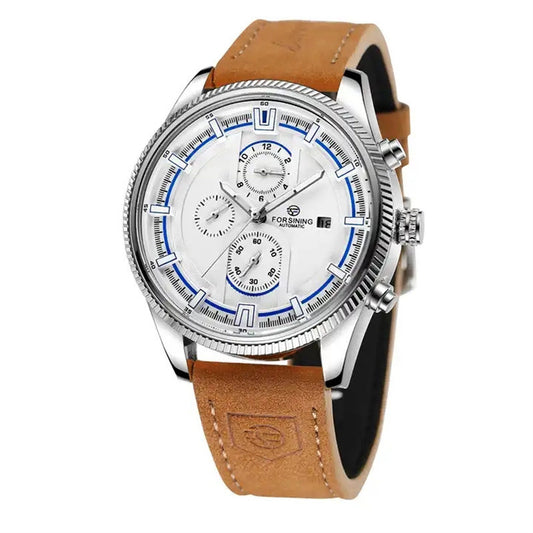 Watch with brown leather strap and silver case on white background