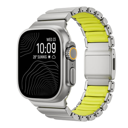 Smartwatch with a silver frame and yellow band on a white background