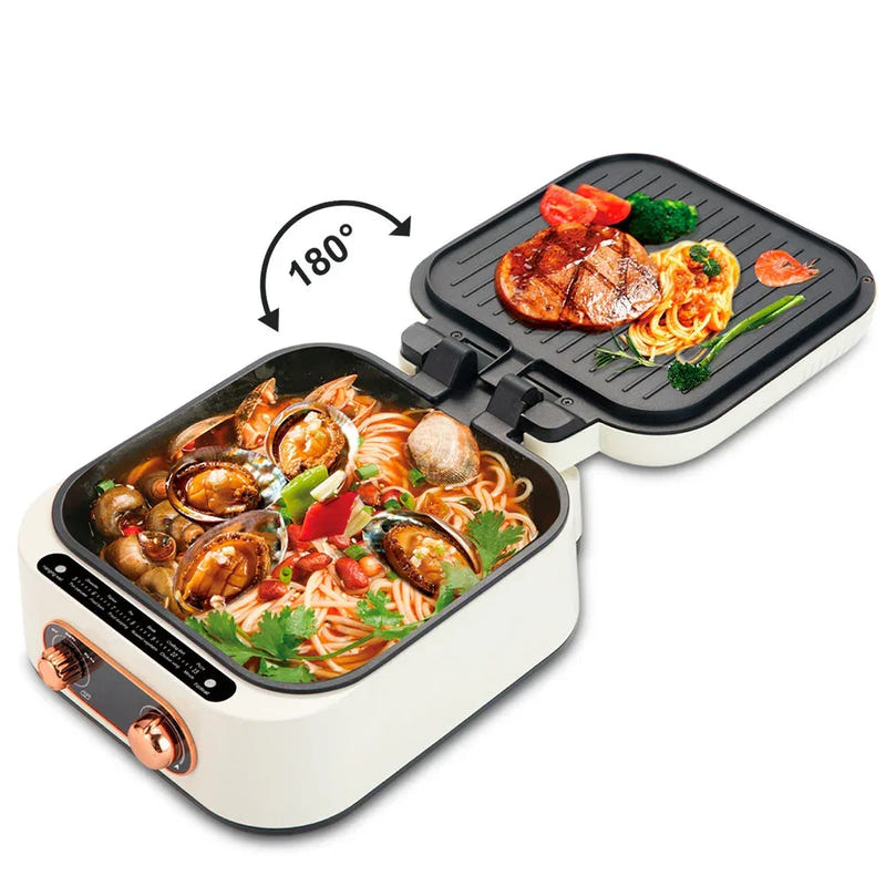 3-in-1 electric hot pot grill cooker with open lid and black grilling surface, white body