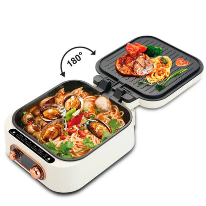 3-in-1 electric hot pot grill cooker with open lid and black grilling surface, white body