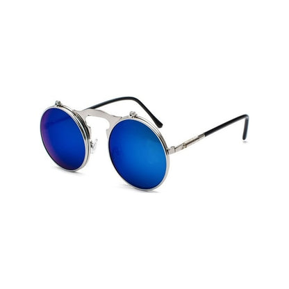 Sunglasses with blue lenses and silver frames on a white background