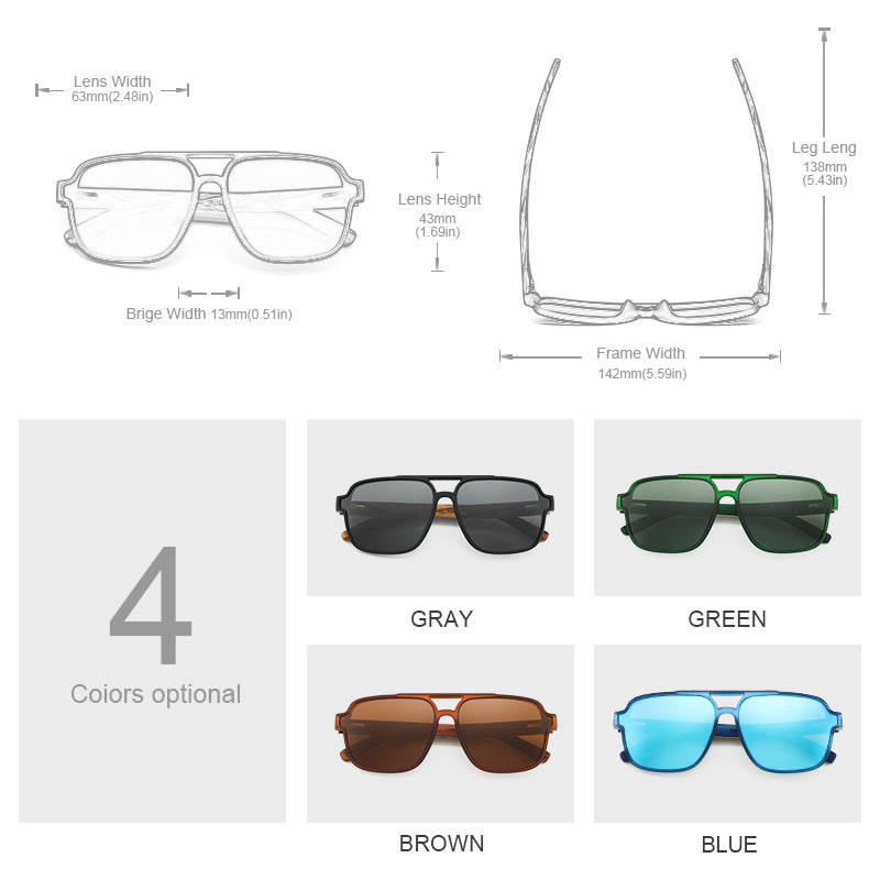 Sunglasses with measurements and color options displayed on a white background