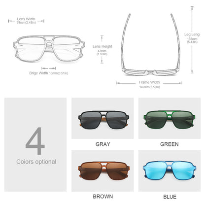 Sunglasses with measurements and color options displayed on a white background