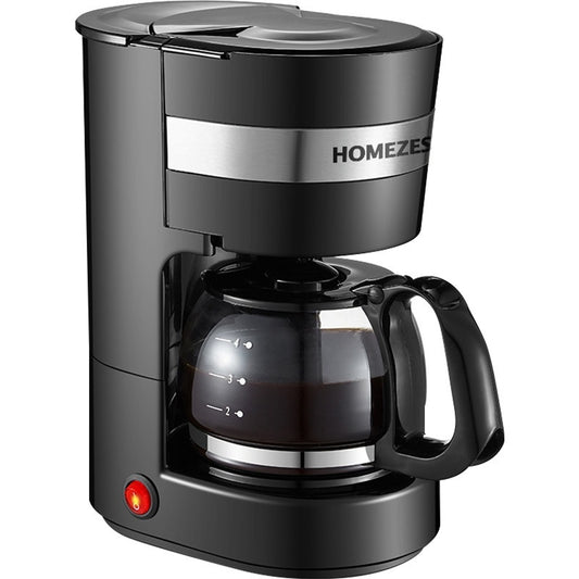 Black coffee maker with glass carafe on a white background, featuring the brand 'HOMEZES'.