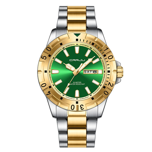 Wristwatch with green dial, gold and silver metal band on white background
